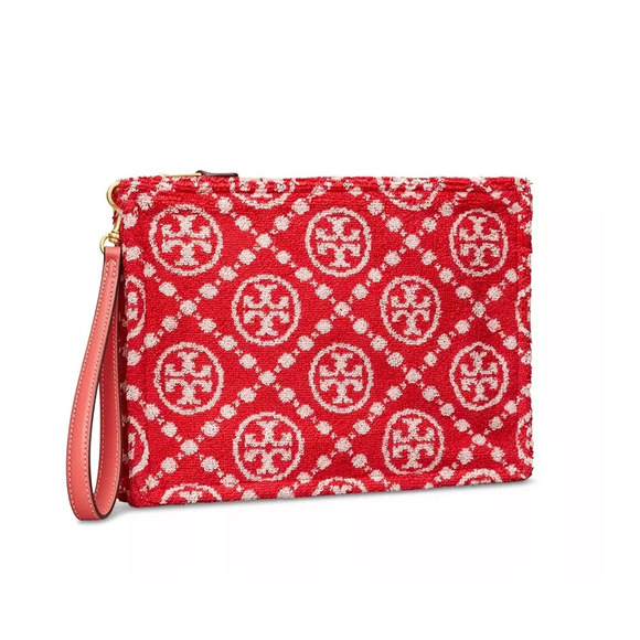 Tory Burch T Monogram Terry Pouch Wristlet Strawberry Red White Gold